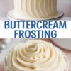 Decorated layer cake topped with piped buttercream rosettes and smooth vertical ridges, displayed with a bowl of soft vanilla frosting piped in thick spiral swirls on a pale pink background.