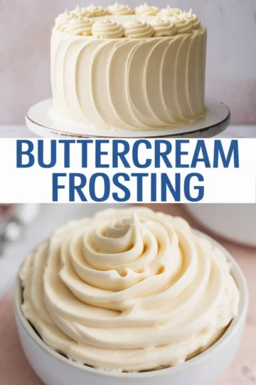 Decorated layer cake topped with piped buttercream rosettes and smooth vertical ridges, displayed with a bowl of soft vanilla frosting piped in thick spiral swirls on a pale pink background.