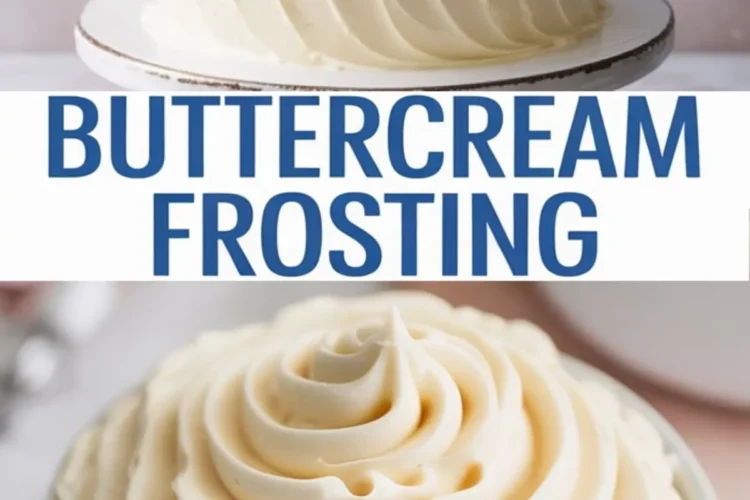 Decorated layer cake topped with piped buttercream rosettes and smooth vertical ridges, displayed with a bowl of soft vanilla frosting piped in thick spiral swirls on a pale pink background.