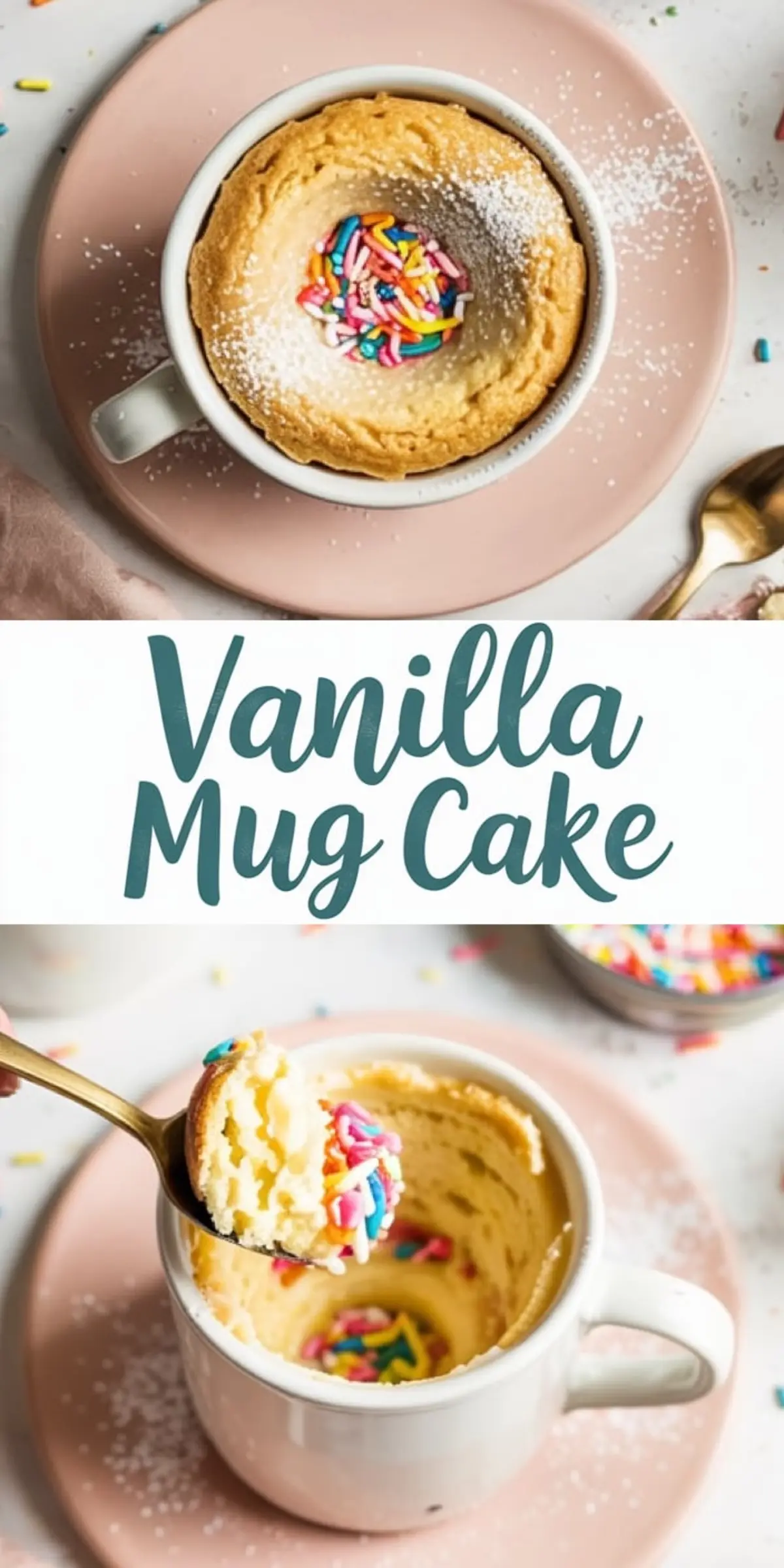 Two-image collage of a vanilla mug cake topped with rainbow sprinkles and powdered sugar; top image shows the baked cake in a mug on a pink plate, bottom image shows a spoonful revealing the fluffy texture and colorful interior.