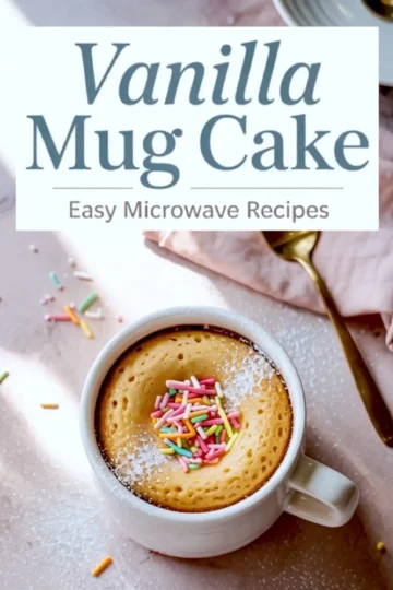 Two-image collage of a vanilla mug cake labeled “Easy Microwave Recipes”; the top section displays bold text overlay, and the bottom section shows the finished cake in a white mug with rainbow sprinkles and a dusting of powdered sugar.