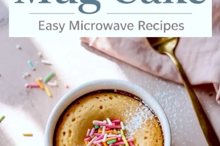 Two-image collage of a vanilla mug cake labeled “Easy Microwave Recipes”; the top section displays bold text overlay, and the bottom section shows the finished cake in a white mug with rainbow sprinkles and a dusting of powdered sugar.