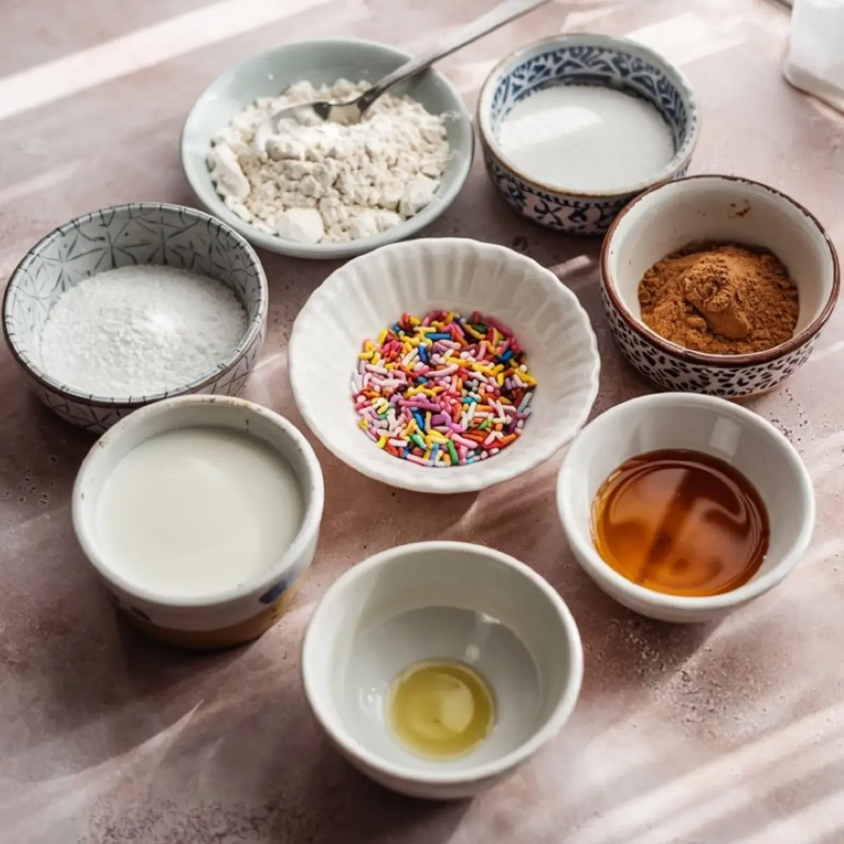 Flat lay of measured ingredients for a vanilla mug cake, including flour, sugar, cocoa powder, powdered sugar, rainbow sprinkles, milk, vanilla extract, and oil in patterned ceramic bowls on a pink surface.