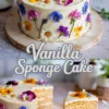 Decorative vanilla sponge cake covered in smooth white buttercream and adorned with colorful edible flowers like pansies, daisies, and cornflowers, shown whole and sliced to reveal layered vanilla sponge with cream filling.