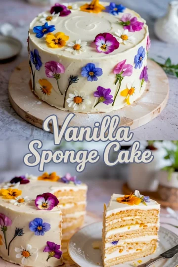 Decorative vanilla sponge cake covered in smooth white buttercream and adorned with colorful edible flowers like pansies, daisies, and cornflowers, shown whole and sliced to reveal layered vanilla sponge with cream filling.