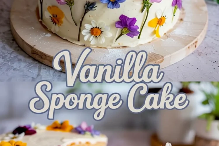 Decorative vanilla sponge cake covered in smooth white buttercream and adorned with colorful edible flowers like pansies, daisies, and cornflowers, shown whole and sliced to reveal layered vanilla sponge with cream filling.