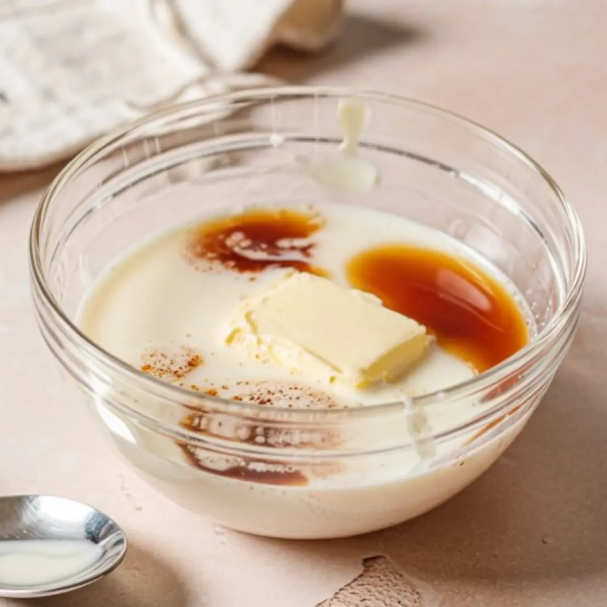 Glass bowl containing milk, melted butter, and vanilla extract on a light counter, with ingredients in the process of blending for sponge cake preparation.