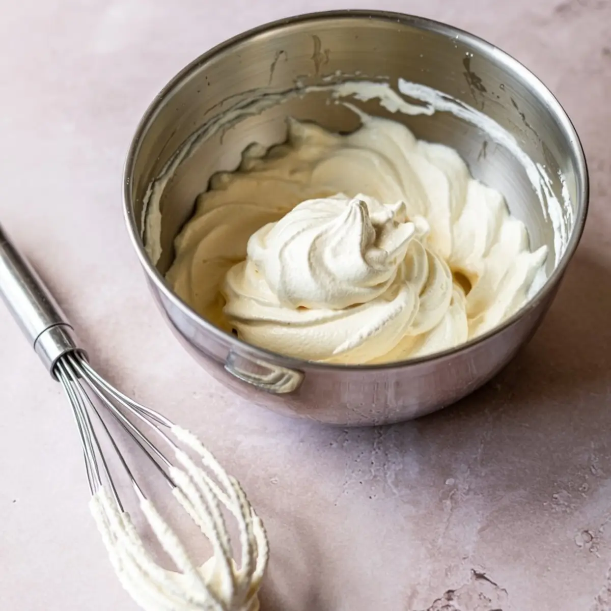 Metal mixing bowl filled with whipped cream frosting with a thick, fluffy texture, accompanied by a balloon whisk coated in cream.