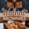 Collage image showing walnut brownies sliced into squares with walnut halves on top, and a close-up of a dense chocolate brownie slice with chopped walnuts inside.