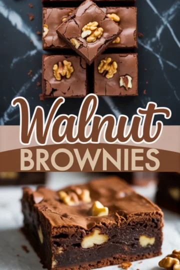 Collage image showing walnut brownies sliced into squares with walnut halves on top, and a close-up of a dense chocolate brownie slice with chopped walnuts inside.