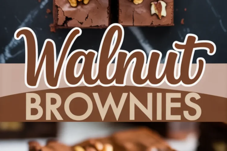 Collage image showing walnut brownies sliced into squares with walnut halves on top, and a close-up of a dense chocolate brownie slice with chopped walnuts inside.