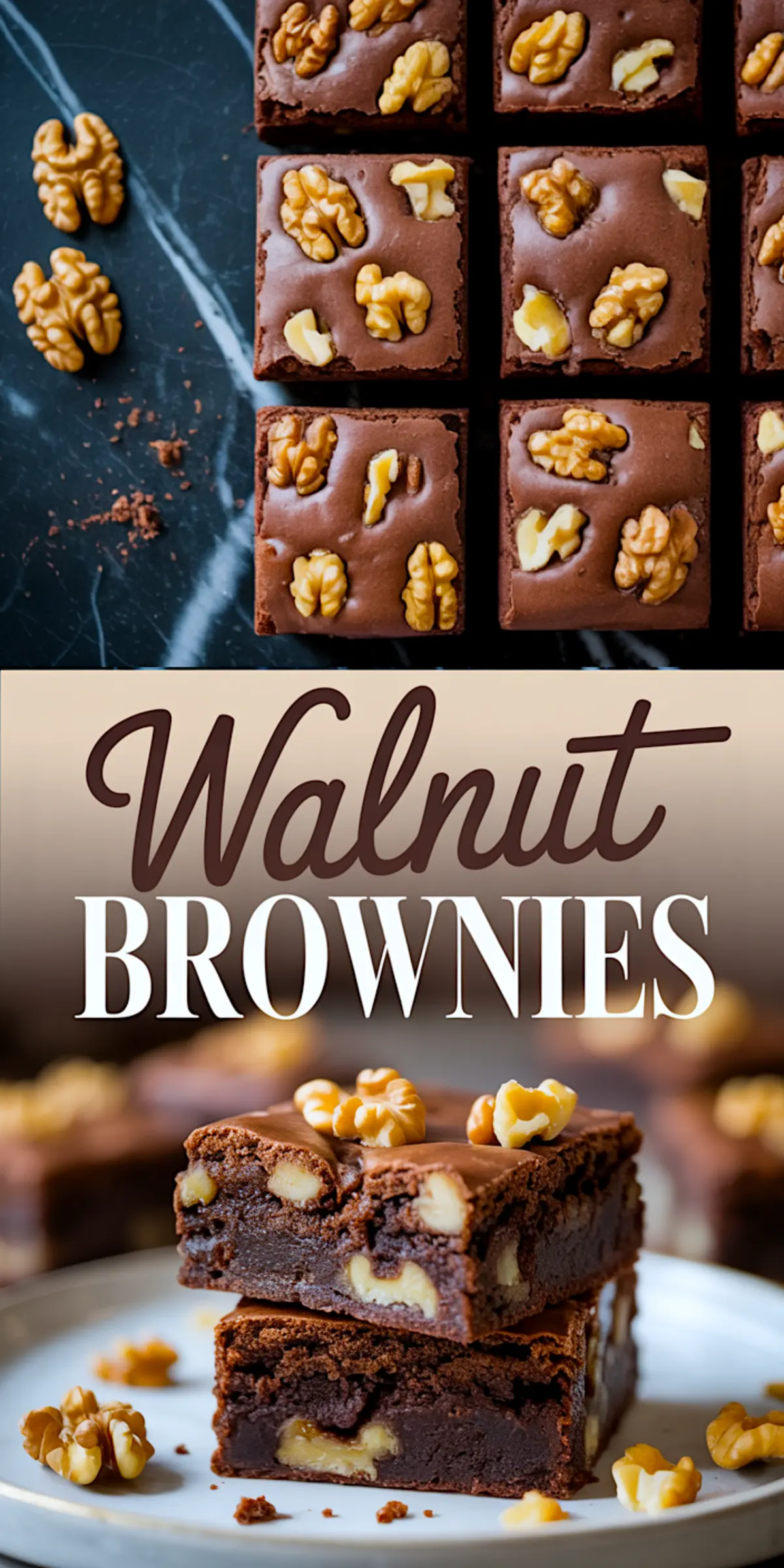 Collage image featuring a grid of sliced walnut brownies with whole walnuts on top and a stacked side view showcasing fudgy texture and walnut pieces.
