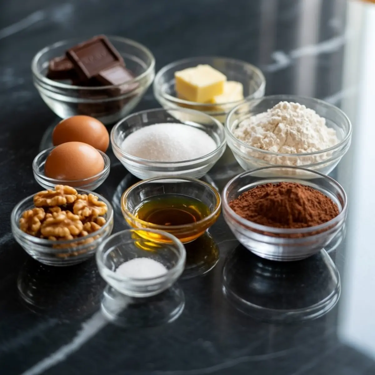 Glass bowls filled with brownie ingredients including dark chocolate chunks, flour, sugar, butter, cocoa powder, eggs, walnuts, vanilla extract, and salt arranged on a black marble surface.
