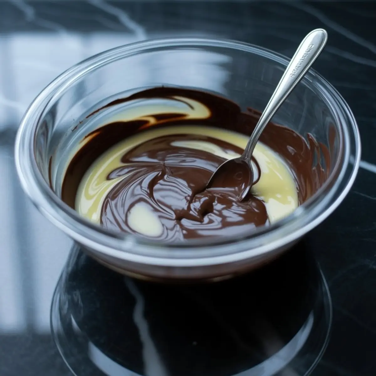 Partially swirled mixture of melted chocolate and sweetened condensed milk in a glass bowl with a spoon on a dark marble surface.
