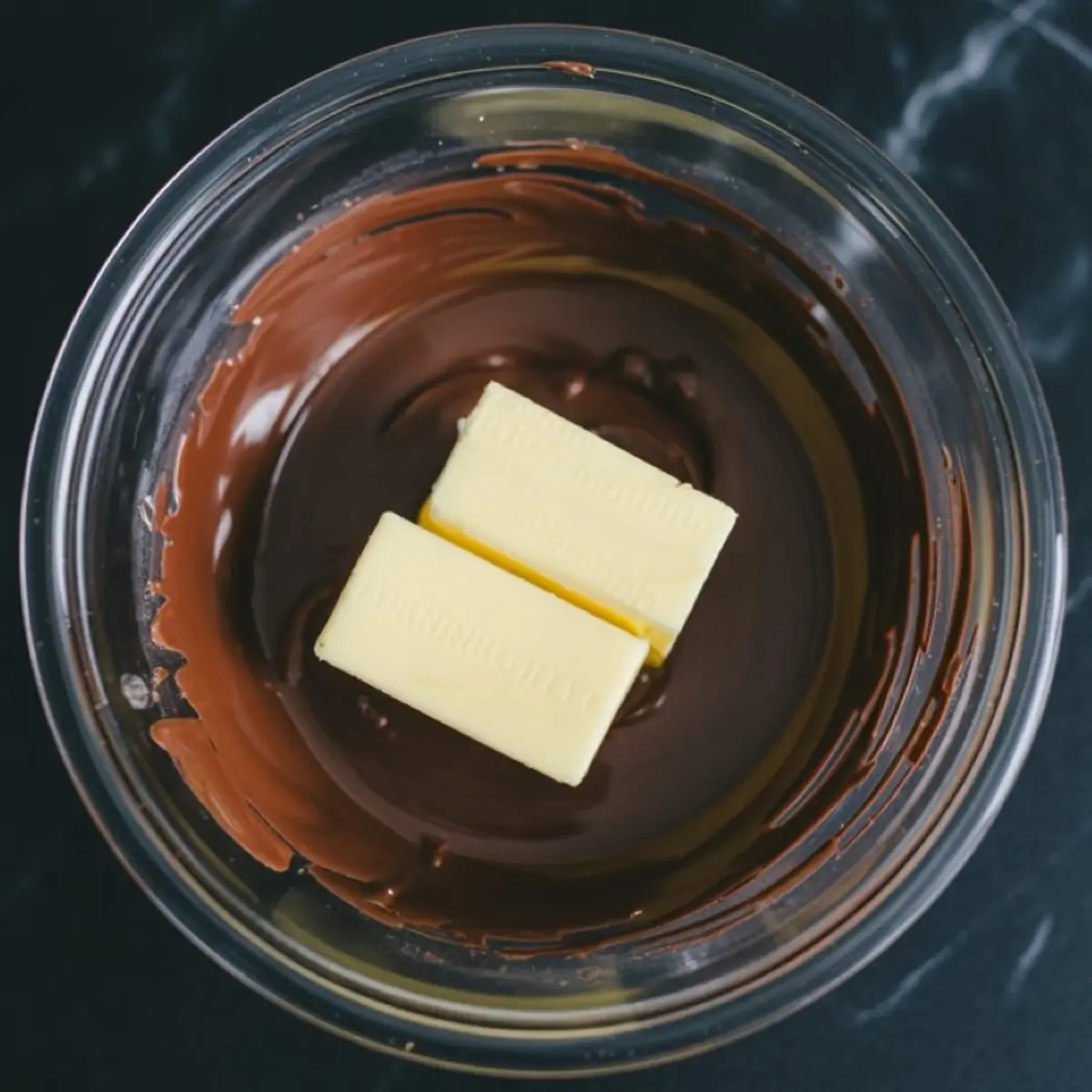 Two sticks of butter placed on top of warm melted chocolate in a glass mixing bowl, captured during the baking process.
