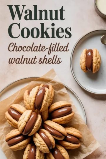 Top-down view of walnut-shaped cookies filled with glossy chocolate cream, arranged in a circular pattern on parchment paper, with an extra cookie on a plate beside a glass of milk.