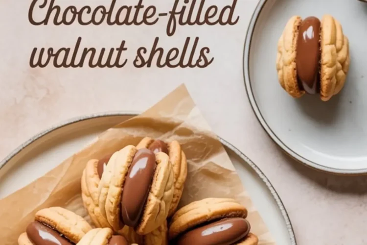 Top-down view of walnut-shaped cookies filled with glossy chocolate cream, arranged in a circular pattern on parchment paper, with an extra cookie on a plate beside a glass of milk.