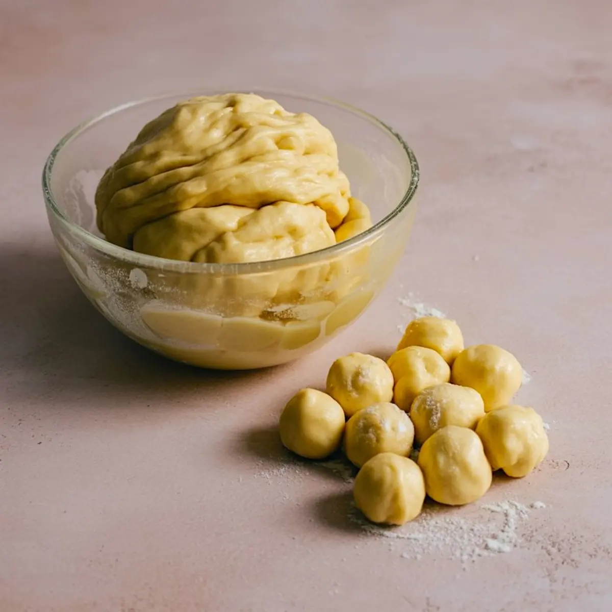 Ball of cookie dough in a glass bowl next to evenly shaped dough balls on a floured surface, ready for baking.

