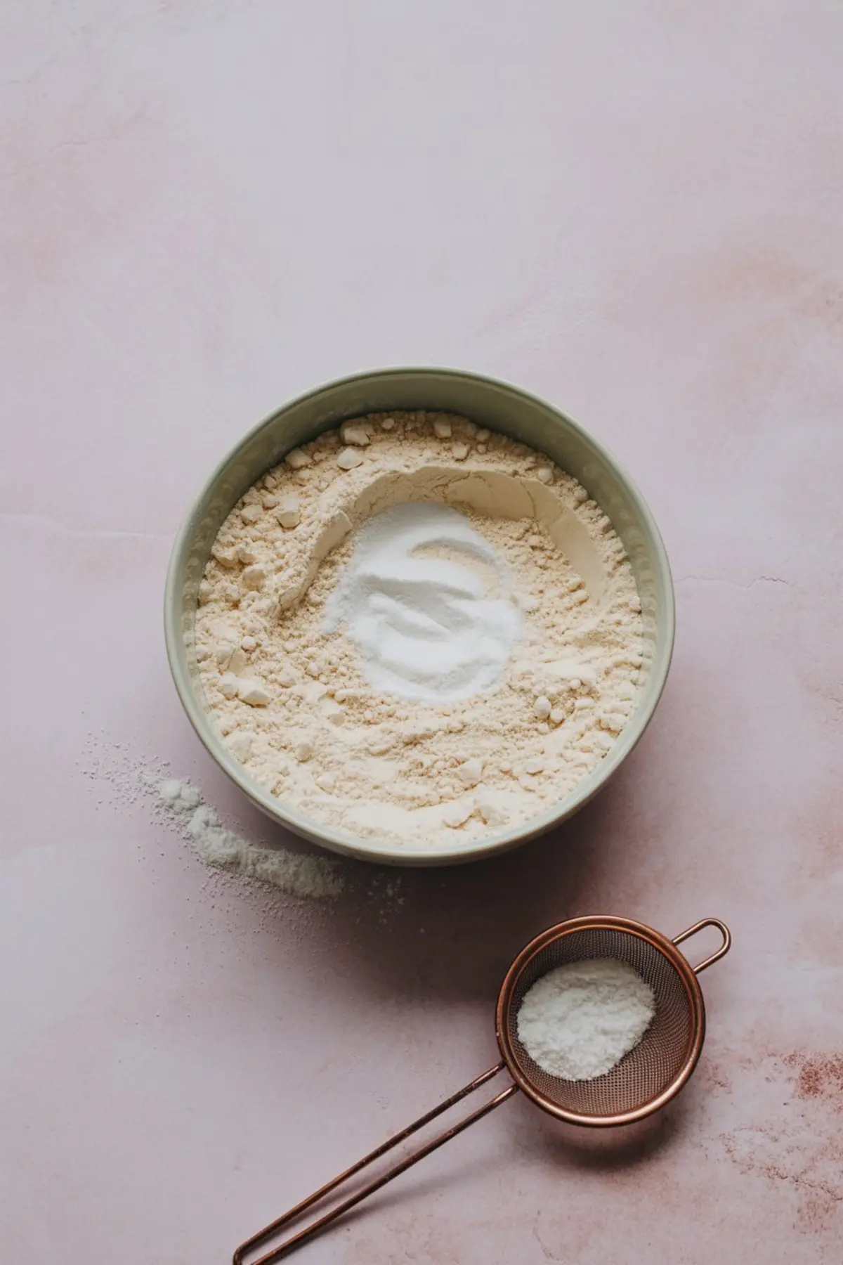 Flat lay of a bowl filled with flour and baking powder, with a small copper sieve holding more baking powder beside it.
