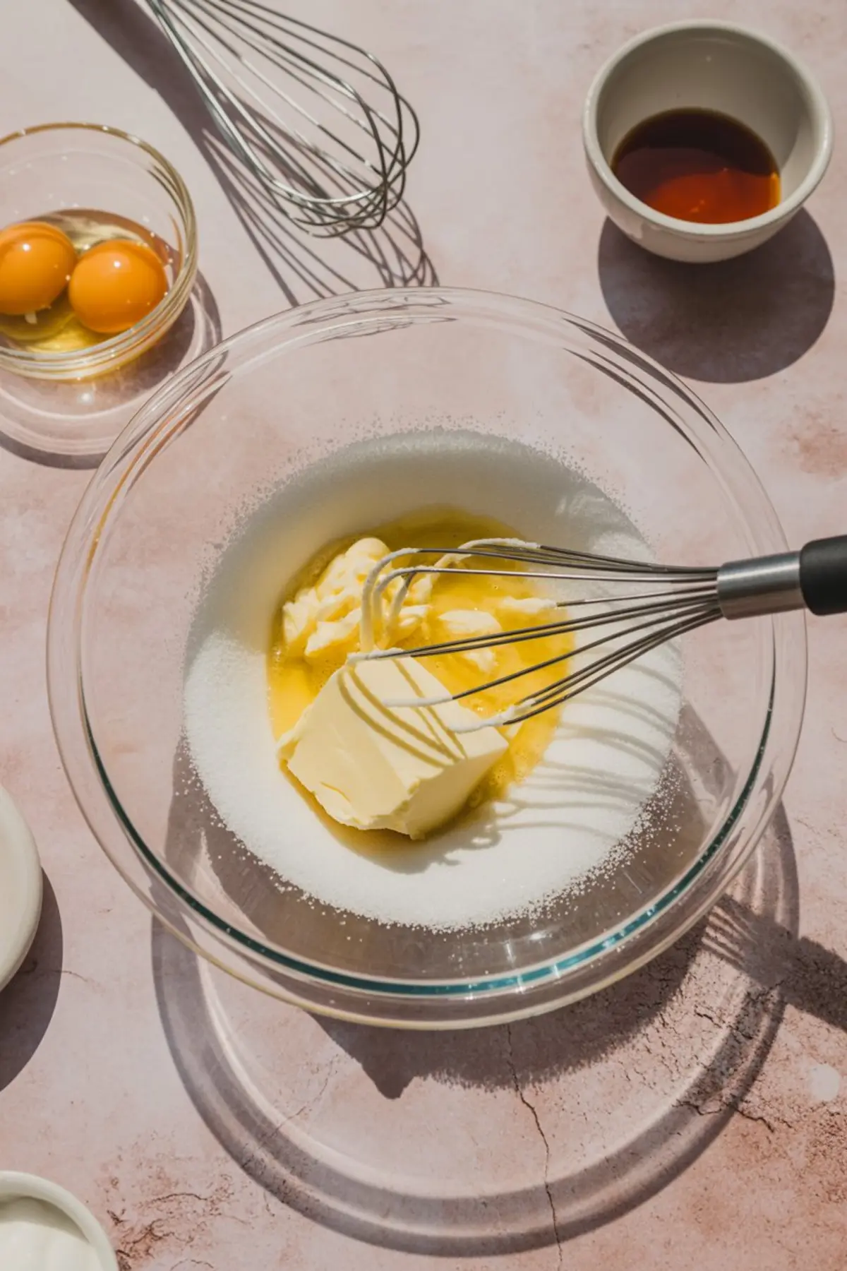 Clear glass mixing bowl containing softened butter, sugar, and egg yolks with a whisk, surrounded by raw eggs, vanilla extract, and sour cream on a pink countertop.
