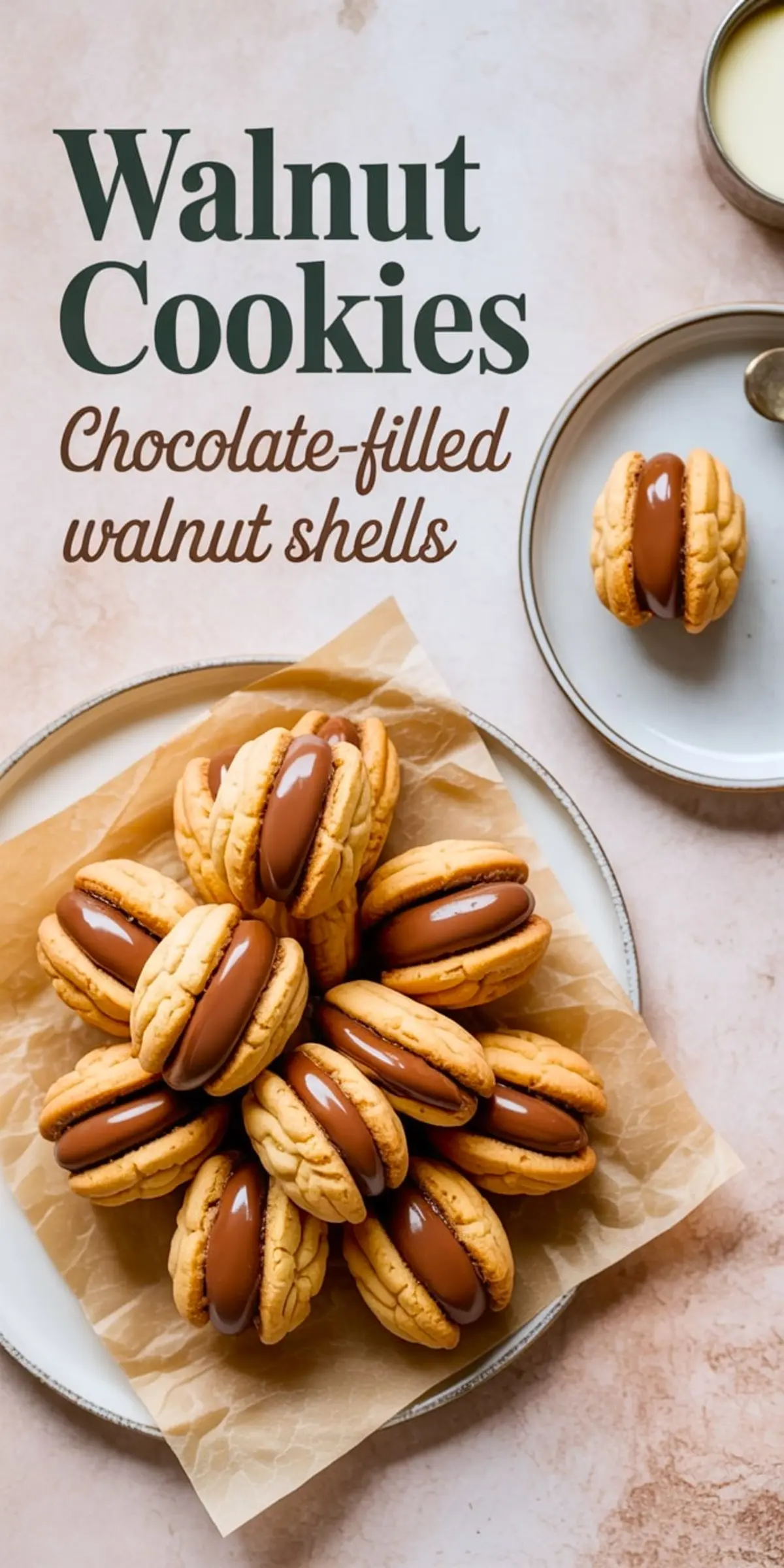 Vertical image showing chocolate-filled walnut cookies arranged in a flower pattern on a parchment-lined plate, with a single cookie on a side plate and a glass of milk in the top corner.
