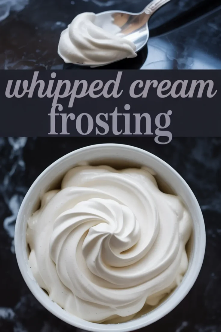 A swirl of whipped cream frosting fills a white ramekin, with a spoonful of frosting above and bold text reading “whipped cream frosting” across the center.