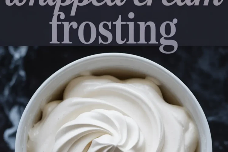 A swirl of whipped cream frosting fills a white ramekin, with a spoonful of frosting above and bold text reading “whipped cream frosting” across the center.