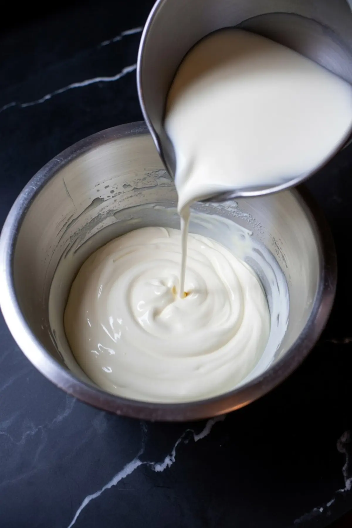 Thick cream is being poured into a stainless steel mixing bowl filled with whipped cream, creating a smooth swirl texture on a dark marble countertop.