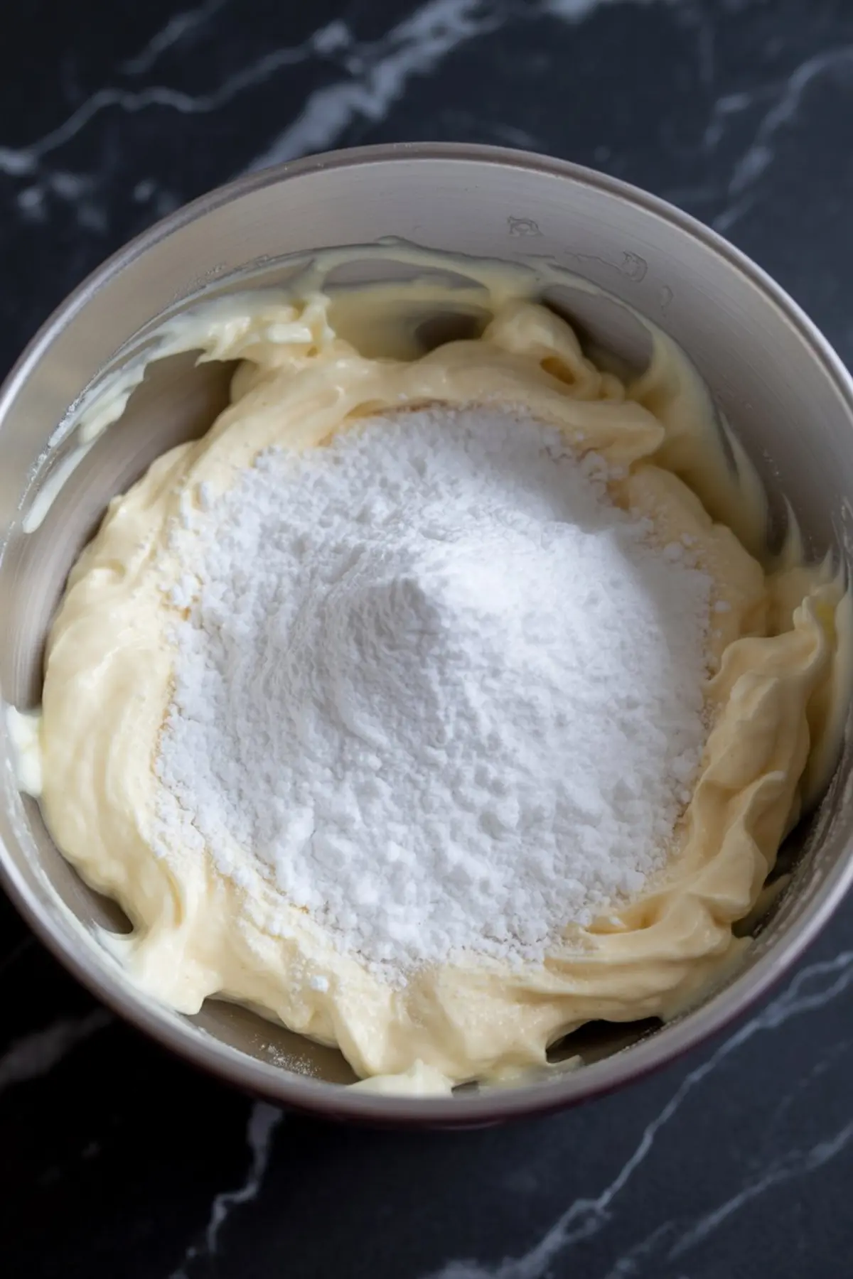 Powdered sugar is added on top of whipped butter in a stainless steel mixing bowl, ready for blending into a creamy frosting base.