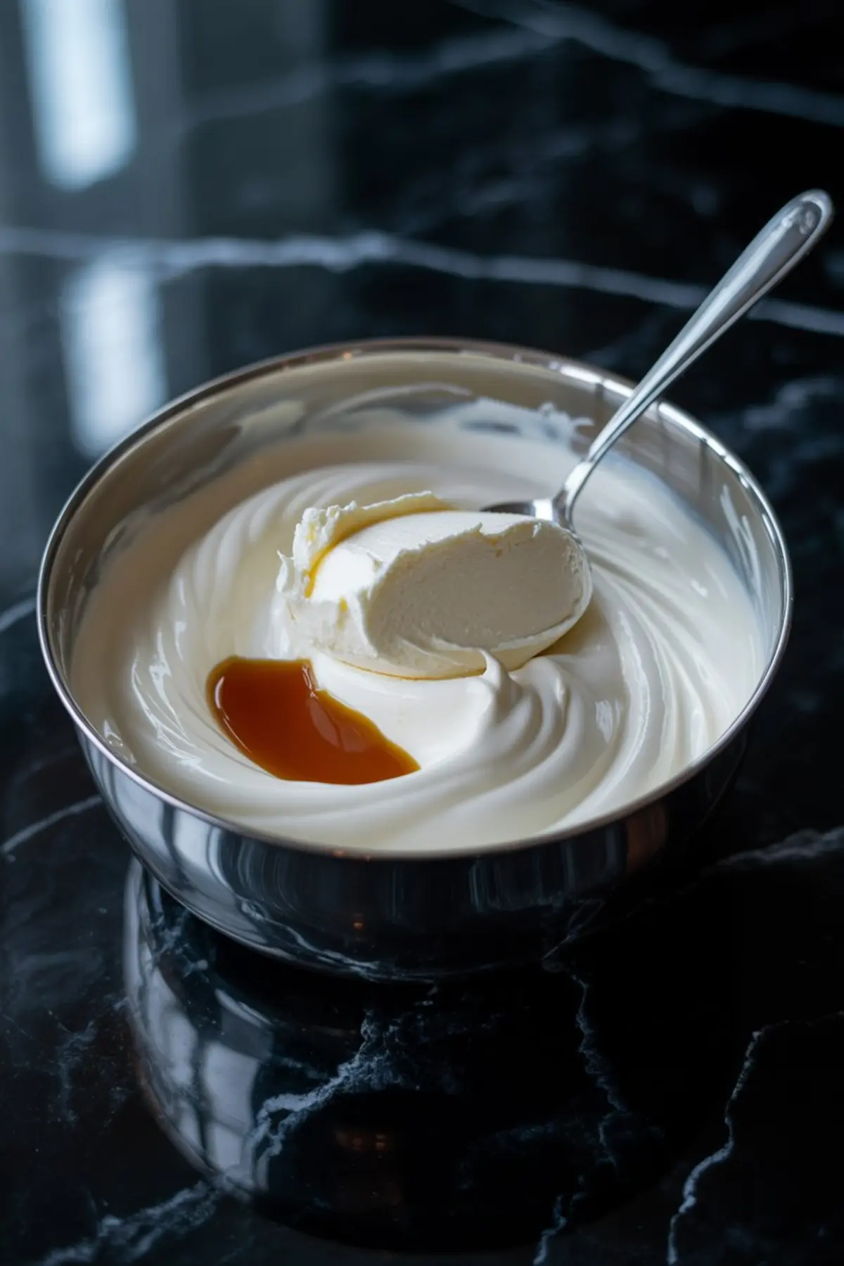 Mascarpone cheese and vanilla extract sit on top of a smooth whipped cream mixture in a metal bowl with a spoon, ready for mixing into frosting.