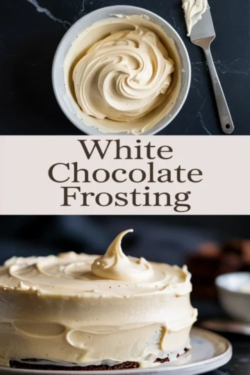 Collage showing a swirl of whipped white chocolate frosting in a mixing bowl and a finished frosted chocolate cake with a glossy, creamy topping, labeled “White Chocolate Frosting.”