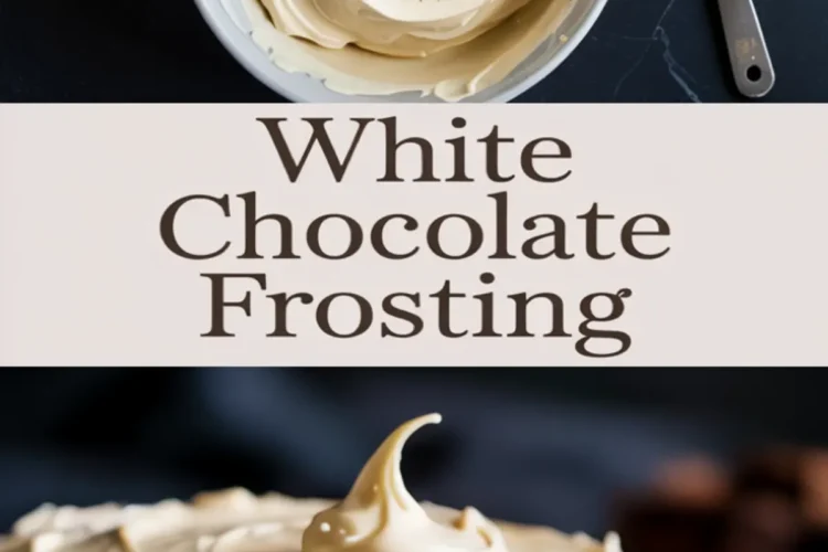 Collage showing a swirl of whipped white chocolate frosting in a mixing bowl and a finished frosted chocolate cake with a glossy, creamy topping, labeled “White Chocolate Frosting.”