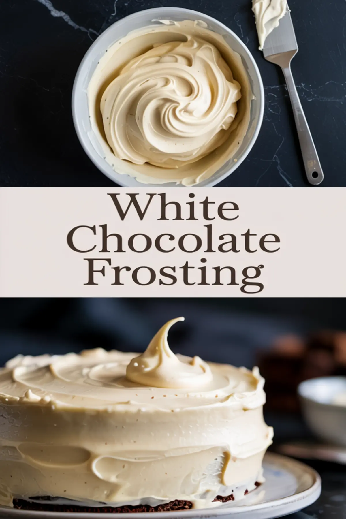 Collage showing a swirl of whipped white chocolate frosting in a mixing bowl and a finished frosted chocolate cake with a glossy, creamy topping, labeled “White Chocolate Frosting.”