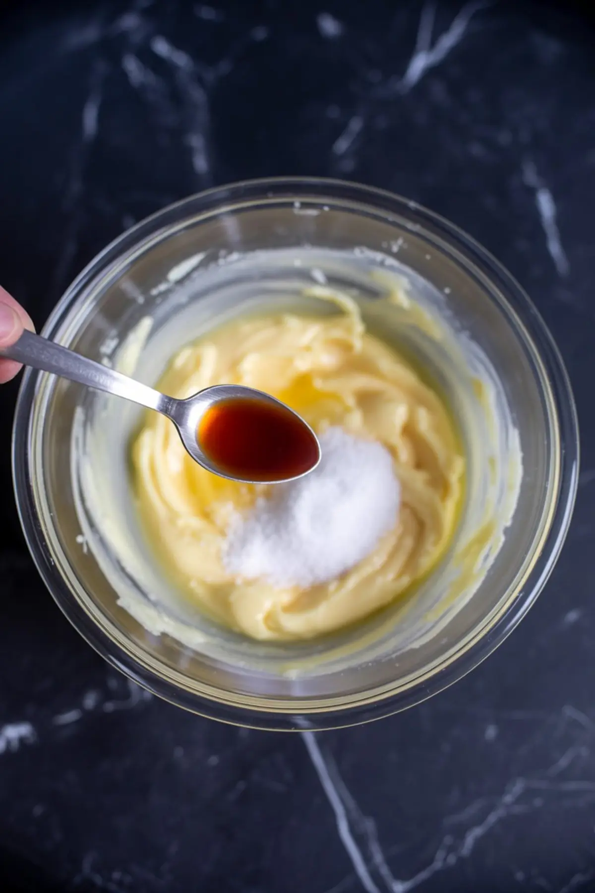 A spoonful of vanilla extract held over a bowl of whipped frosting with sugar, butter, and other ingredients on a dark background.