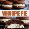 Stacked chocolate whoopie pies filled with piped vanilla cream, displayed with a bitten pie revealing the creamy center and labeled “WHOOPIE PIE.”