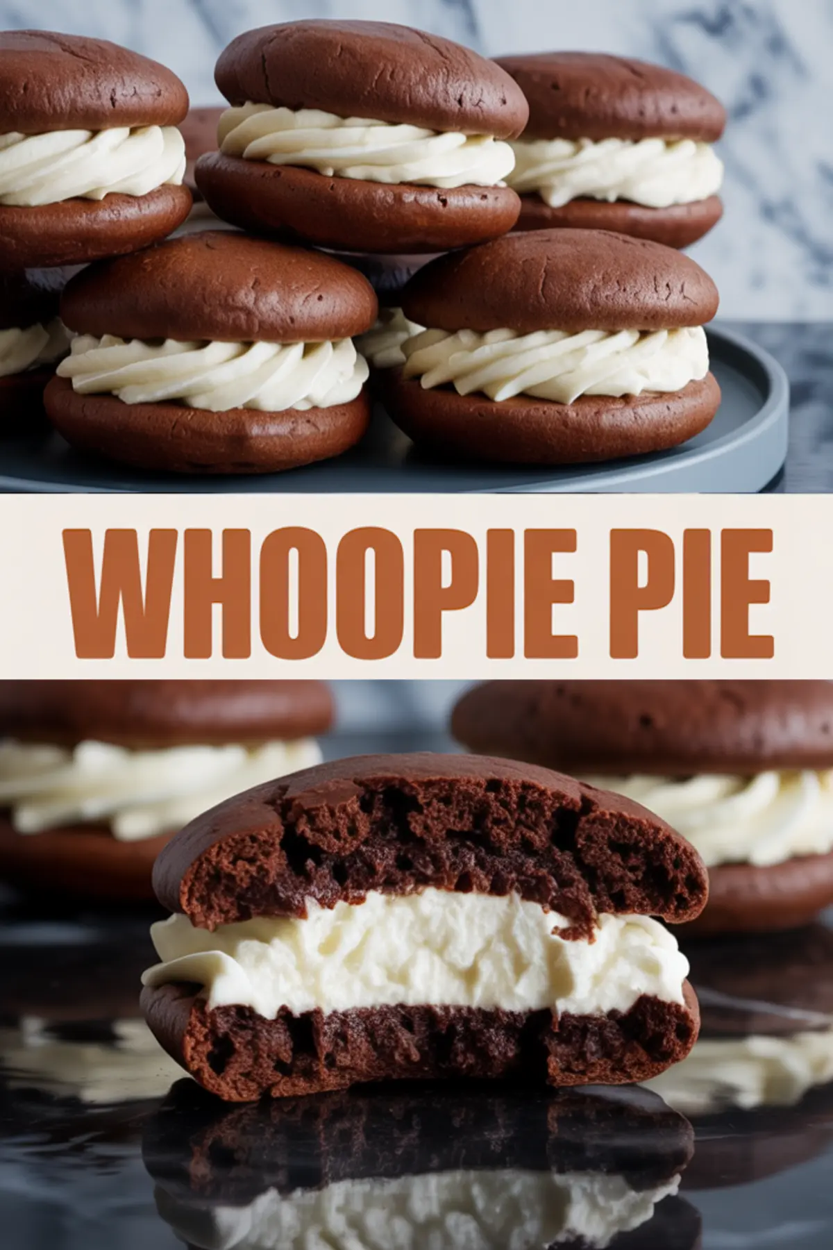 Stacked chocolate whoopie pies filled with piped vanilla cream, displayed with a bitten pie revealing the creamy center and labeled “WHOOPIE PIE.”