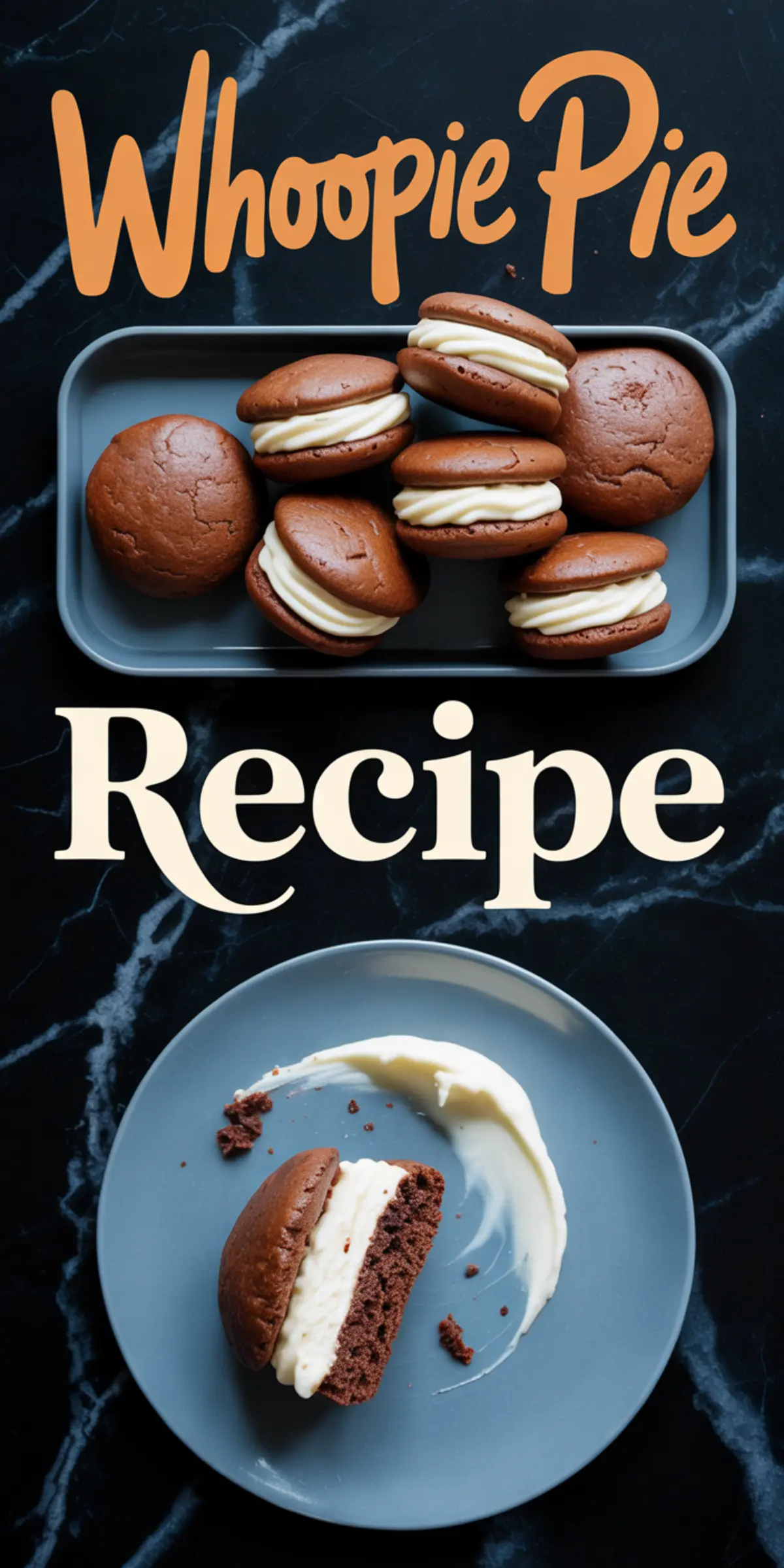 Collage showing a tray of chocolate whoopie pies and a gray plate with a half-eaten whoopie pie and a swirl of vanilla cream, with stylized text reading “Whoopie Pie Recipe.”