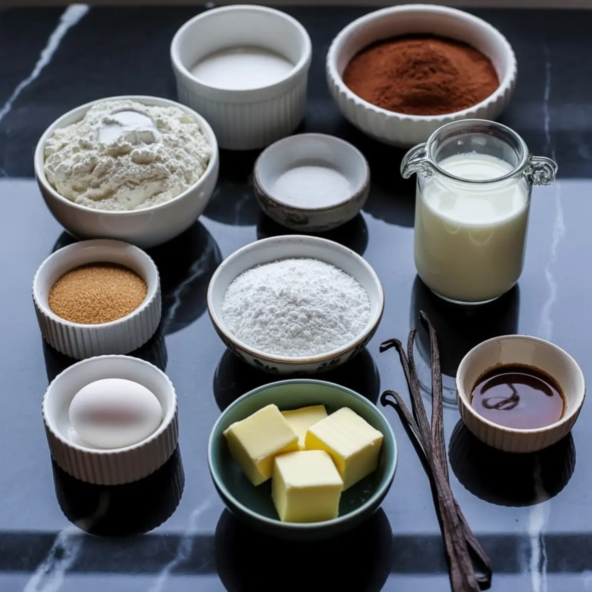 Assorted baking ingredients laid out on a dark countertop, including flour, cocoa powder, butter cubes, egg, powdered sugar, vanilla extract, milk, granulated sugar, and vanilla beans.