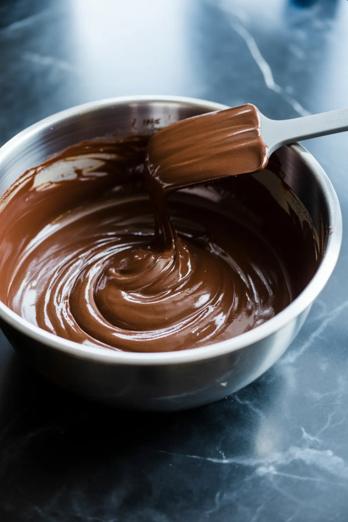 Glossy chocolate batter being stirred with a spatula in a stainless steel mixing bowl on a dark marble countertop.