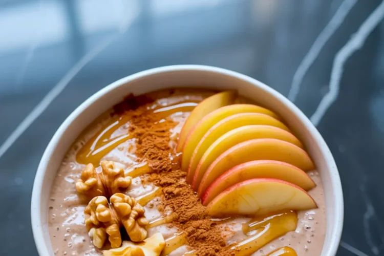Apple cinnamon smoothie bowl garnished with fresh apple slices, whole walnuts, cinnamon powder, and golden honey drizzle, with text overlay reading “Apple Cinnamon Smoothie Bowl.”