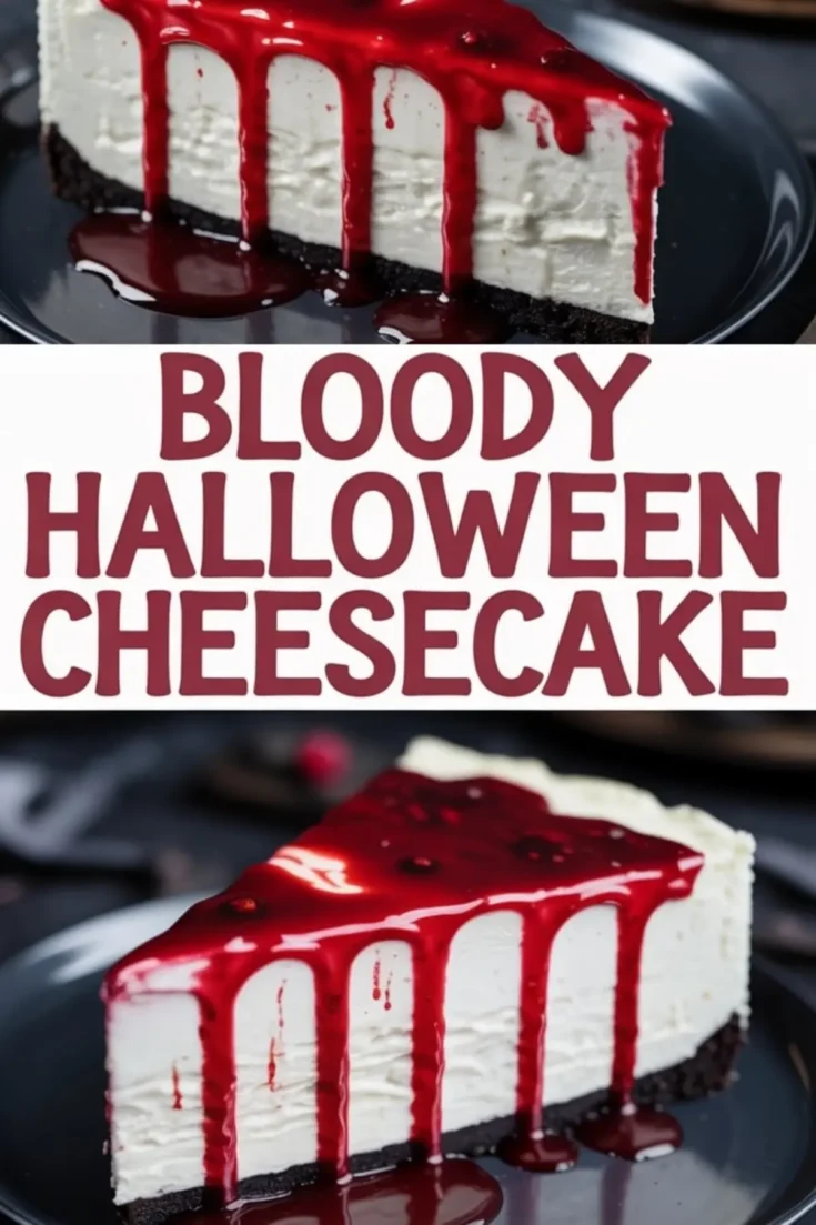 Slice of blood-dripping Halloween cheesecake with a dark cookie crust and creamy white layers, topped with glossy red berry sauce, styled with bold text reading “Bloody Halloween Cheesecake.”