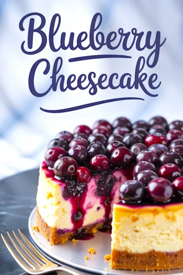 Eye-catching blueberry cheesecake slice with rich blueberry sauce dripping over creamy filling, sitting next to the full cake. “Blueberry Cheesecake” title highlights graham cracker crust and lemon blueberry cheesecake ideas.