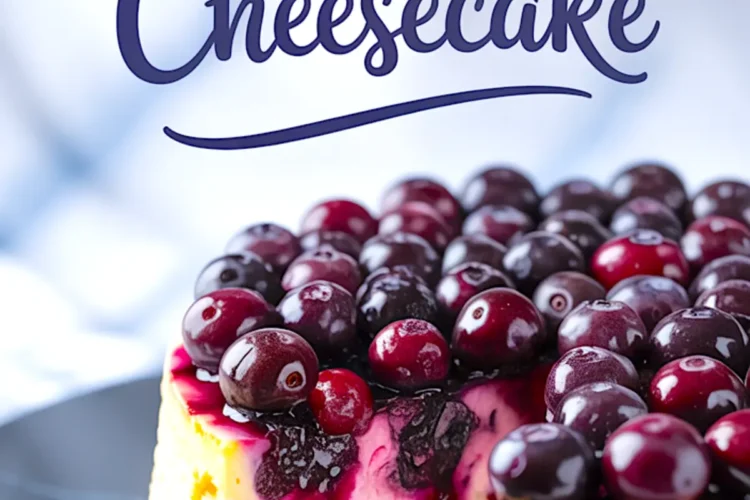 Eye-catching blueberry cheesecake slice with rich blueberry sauce dripping over creamy filling, sitting next to the full cake. “Blueberry Cheesecake” title highlights graham cracker crust and lemon blueberry cheesecake ideas.