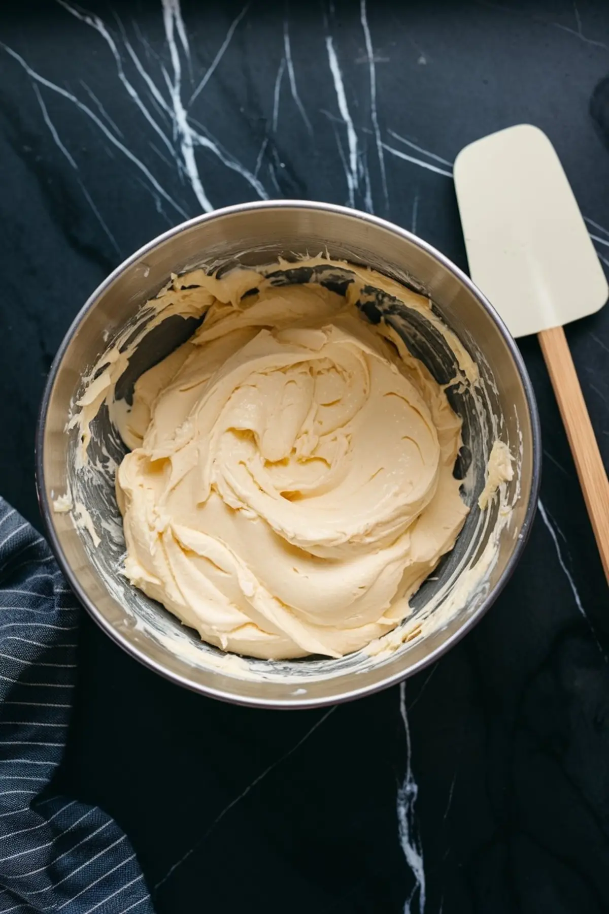 Creamy cheesecake filling whipped in a stainless steel mixing bowl, featuring a smooth, pale texture ideal for no bake blueberry cheesecake or baked blueberry cheesecake recipes.
