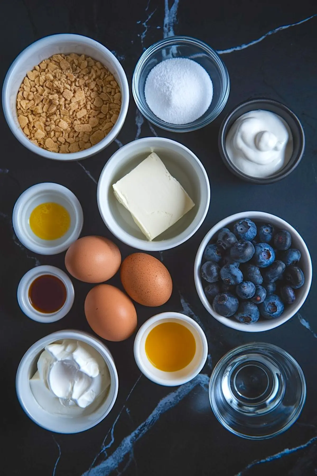 Flat lay of ingredients for a blueberry cheesecake recipe, including cream cheese, fresh blueberries, eggs, butter, sugar, sour cream, lemon juice, vanilla extract, and graham cracker crumbs.
