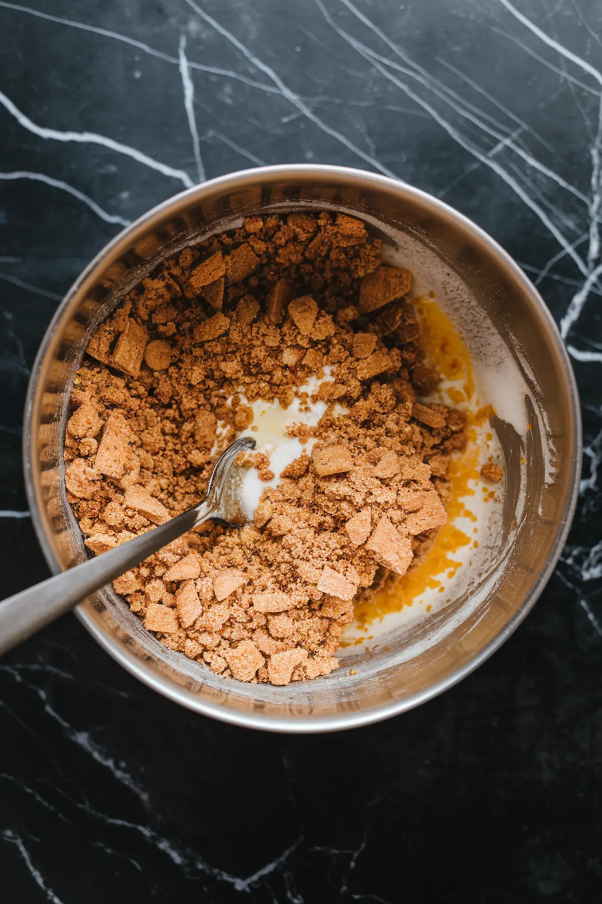 Graham cracker crumbs mixed with melted butter in a bowl, forming the base for a classic graham cracker crust used in blueberry cheesecake recipes.
