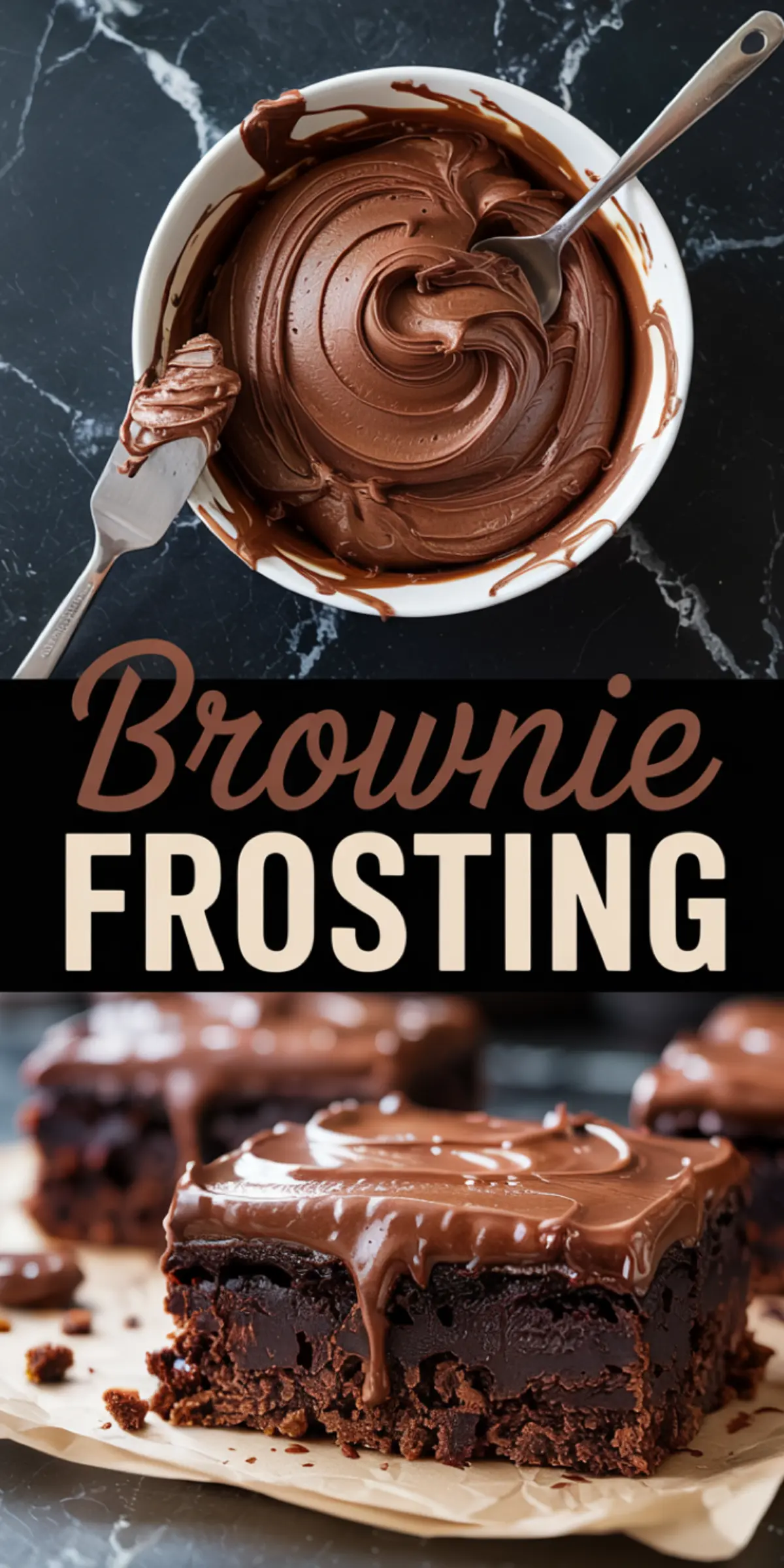 Fudgy chocolate brownie squares with shiny, smooth frosting on top, styled with a spoon in a bowl of chocolate frosting and text reading “Brownie Frosting.”