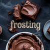 Overhead view of frosted brownie squares and a bowl of glossy chocolate frosting with a spatula, labeled with the words “Brownie Frosting” in textured lettering.