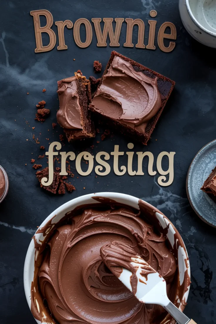 Overhead view of frosted brownie squares and a bowl of glossy chocolate frosting with a spatula, labeled with the words “Brownie Frosting” in textured lettering.