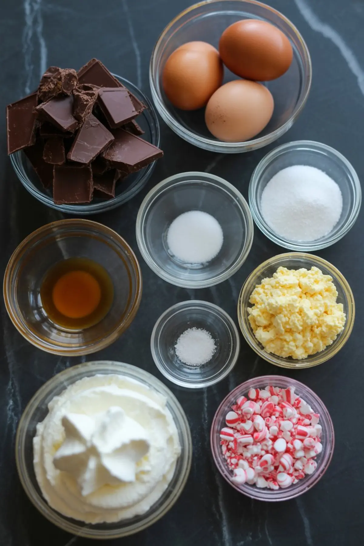 Glass bowls filled with baking ingredients arranged on a dark surface, including chopped chocolate, whole eggs, granulated sugar, butter, peppermint candy pieces, heavy cream, vanilla extract, and salt—ideal for holiday dessert recipes and chocolate mousse preparation.
